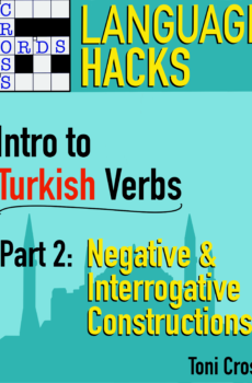 CrossWords Language Hacks - Intro to Turkish Verbs Part 2: Negative and Interrogative Constructions Toni Cross (CrossWords logo is in the style of an actual crossword puzzle. There is a silhouette of the Hagia Sofia in the background)